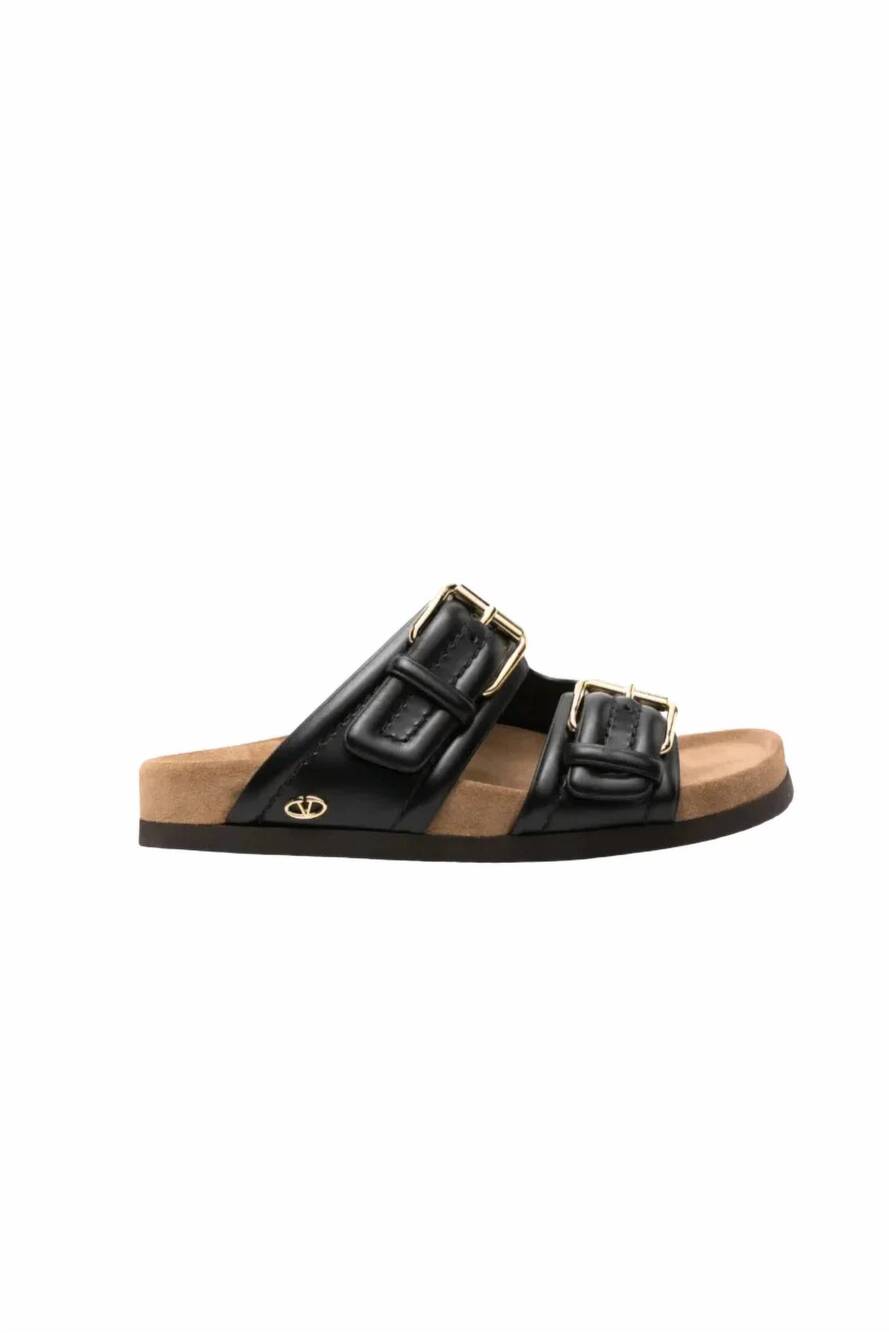 NEW VALENTINO GARAVANI women's fussfriend double-strap leather slides in black